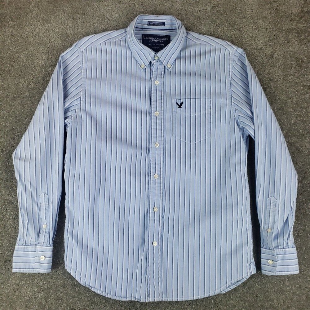 American Eagle Oxford Shirt Large L Mens Blue Stripe Long Sleeve Collared Button